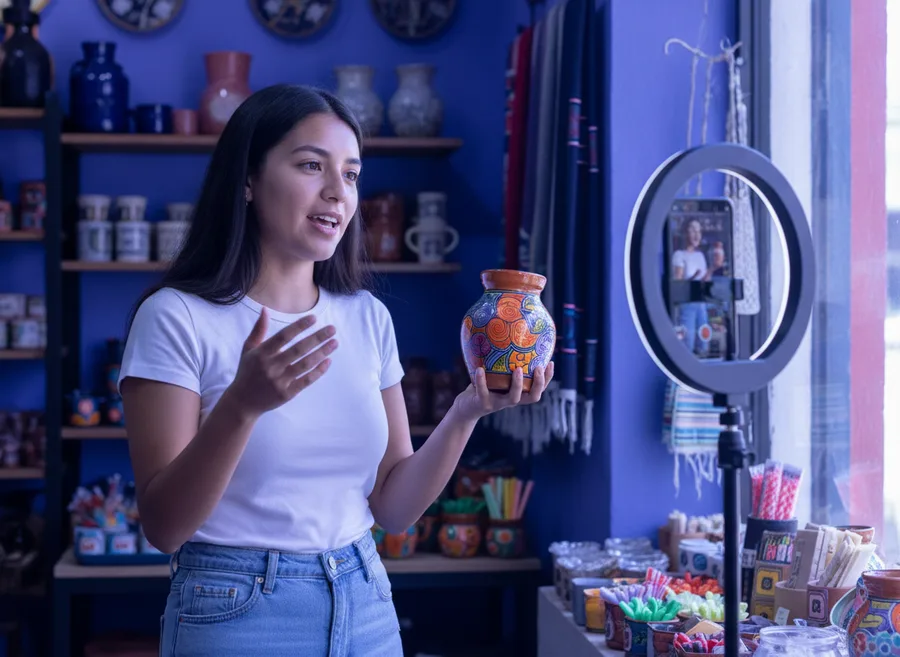 Una creadora de contenido graba un video de su producto con el telefono montado en un tripode con aro de luz, dentro de una tienda de artesanias mexicana