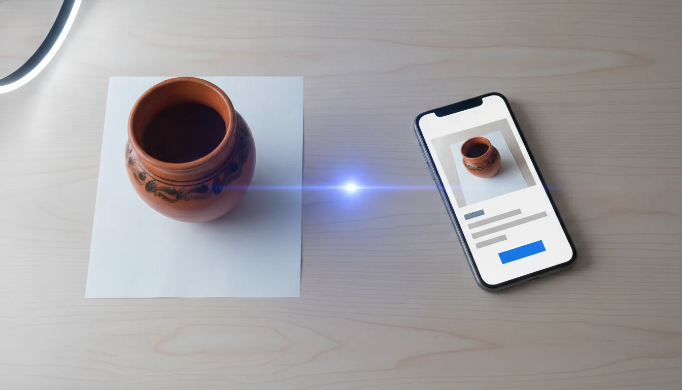La foto de un producto artesanal sobre un escritorio y, a un lado, un telefono que muestra ese mismo producto ya convertido en un anuncio listo para publicar en Meta