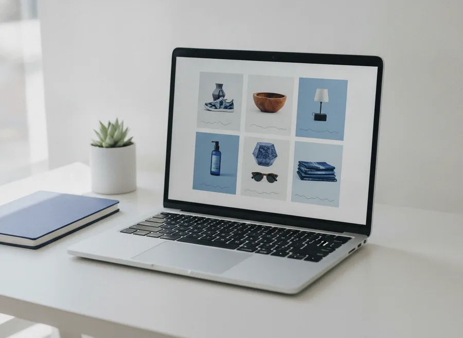 Una laptop sobre un escritorio muestra una cuadricula de creativos publicitarios generados con distintos productos y formatos